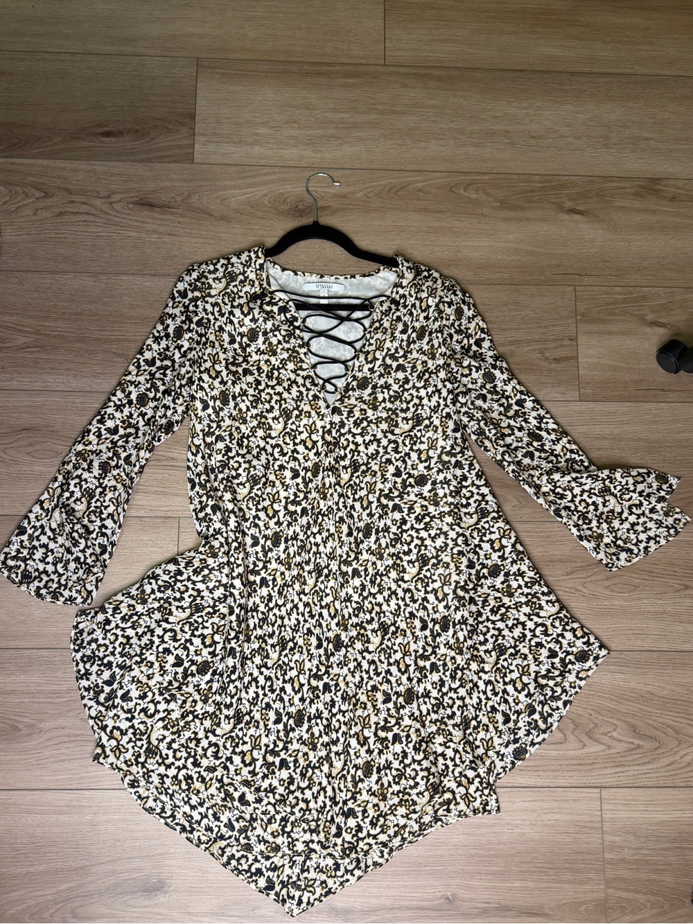 Bell Sleeve Lace Up Silk Dress Derek Lam 10 Crosby batik ivory black gold print